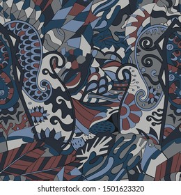 Tracery seamless pattern. Mehndi design. Ethnic colorful doodle texture. Curved doodling background. Vector