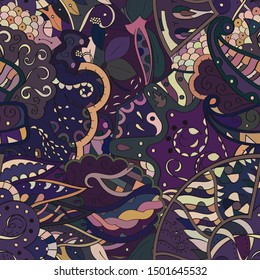 Tracery seamless pattern. Mehndi design. Ethnic colorful doodle texture. Curved doodling background. Vector