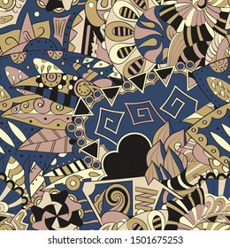Tracery seamless pattern. Mehndi design. Ethnic colorful doodle texture. Curved doodling background. Vector