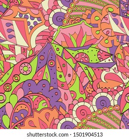 Tracery seamless pattern. Mehndi design. Ethnic colorful doodle texture. Curved doodling background. Vector