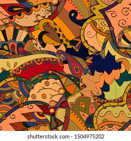 Tracery seamless pattern. Mehndi design. Ethnic colorful doodle texture. Curved doodling background. Vector