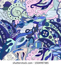 Tracery seamless pattern. Mehndi design. Ethnic colorful doodle texture. Curved doodling background. Vector