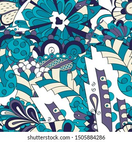 Tracery seamless pattern. Mehndi design. Ethnic colorful doodle texture. Curved doodling background. Vector