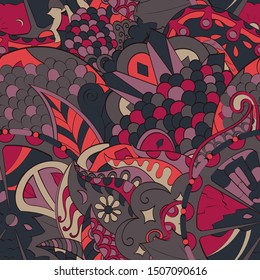 Tracery seamless pattern. Mehndi design. Ethnic colorful doodle texture. Curved doodling background. Vector