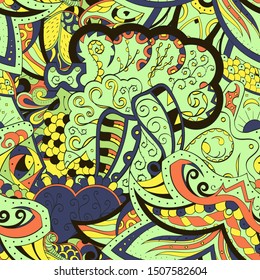 Tracery seamless pattern. Mehndi design. Ethnic colorful doodle texture. Curved doodling background. Vector