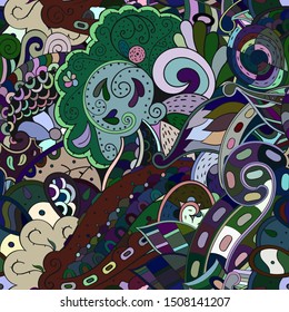 Tracery seamless pattern. Mehndi design. Ethnic colorful doodle texture. Curved doodling background. Vector