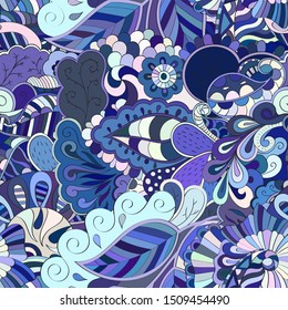 Tracery seamless pattern. Mehndi design. Ethnic colorful doodle texture. Curved doodling background. Vector
