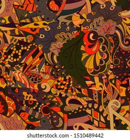 Tracery seamless pattern. Mehndi design. Ethnic colorful doodle texture. Curved doodling background. Vector