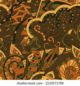Tracery seamless pattern. Mehndi design. Ethnic colorful doodle texture. Curved doodling background. Vector