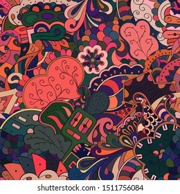 Tracery seamless pattern. Mehndi design. Ethnic colorful doodle texture. Curved doodling background. Vector