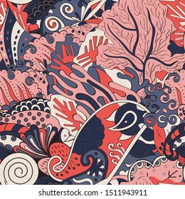 Tracery seamless pattern. Mehndi design. Ethnic colorful doodle texture. Curved doodling background. Vector