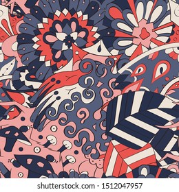 Tracery seamless pattern. Mehndi design. Ethnic colorful doodle texture. Curved doodling background. Vector