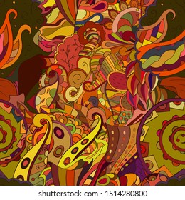 Tracery seamless pattern. Mehndi design. Ethnic colorful doodle texture. Curved doodling background. Vector