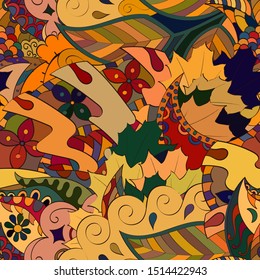 Tracery seamless pattern. Mehndi design. Ethnic colorful doodle texture. Curved doodling background. Vector