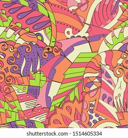 Tracery seamless pattern. Mehndi design. Ethnic colorful doodle texture. Curved doodling background. Vector