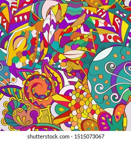 Tracery seamless pattern. Mehndi design. Ethnic colorful doodle texture. Curved doodling background. Vector