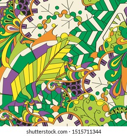 Tracery seamless pattern. Mehndi design. Ethnic colorful doodle texture. Curved doodling background. Vector