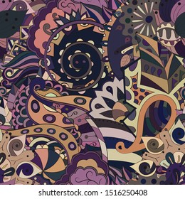 Tracery seamless pattern. Mehndi design. Ethnic colorful doodle texture. Curved doodling background. Vector