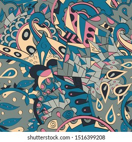 Tracery seamless pattern. Mehndi design. Ethnic colorful doodle texture. Curved doodling background. Vector