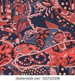 Tracery seamless pattern. Mehndi design. Ethnic colorful doodle texture. Curved doodling background. Vector