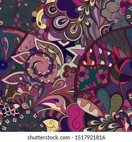 Tracery seamless pattern. Mehndi design. Ethnic colorful doodle texture. Curved doodling background. Vector