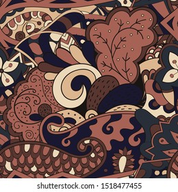 Tracery seamless pattern. Mehndi design. Ethnic colorful doodle texture. Curved doodling background. Vector