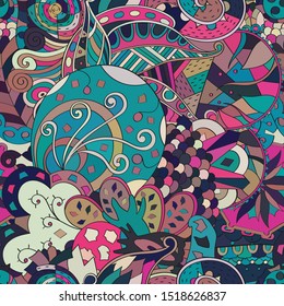 Tracery seamless pattern. Mehndi design. Ethnic colorful doodle texture. Curved doodling background. Vector