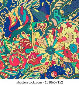 Tracery seamless pattern. Mehndi design. Ethnic colorful doodle texture. Curved doodling background. Vector