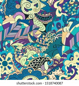 Tracery seamless pattern. Mehndi design. Ethnic colorful doodle texture. Curved doodling background. Vector