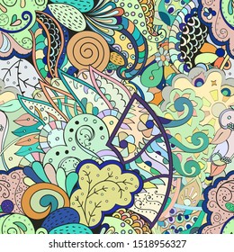 Tracery seamless pattern. Mehndi design. Ethnic colorful doodle texture. Curved doodling background. Vector