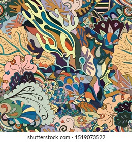 Tracery seamless pattern. Mehndi design. Ethnic colorful doodle texture. Curved doodling background. Vector
