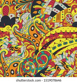 Tracery seamless pattern. Mehndi design. Ethnic colorful doodle texture. Curved doodling background. Vector