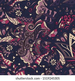 Tracery seamless pattern. Mehndi design. Ethnic colorful doodle texture. Curved doodling background. Vector