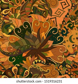 Tracery seamless pattern. Mehndi design. Ethnic colorful doodle texture. Curved doodling background. Vector