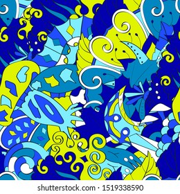 Tracery seamless pattern. Mehndi design. Ethnic colorful doodle texture. Curved doodling background. Vector