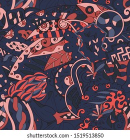 Tracery seamless pattern. Mehndi design. Ethnic colorful doodle texture. Curved doodling background. Vector