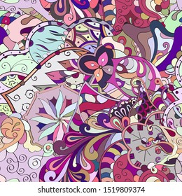 Tracery seamless pattern. Mehndi design. Ethnic colorful doodle texture. Curved doodling background. Vector