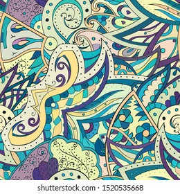 Tracery seamless pattern. Mehndi design. Ethnic colorful doodle texture. Curved doodling background. Vector