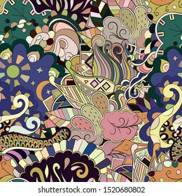 Tracery seamless pattern. Mehndi design. Ethnic colorful doodle texture. Curved doodling background. Vector