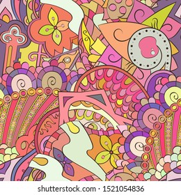 Tracery seamless pattern. Mehndi design. Ethnic colorful doodle texture. Curved doodling background. Vector