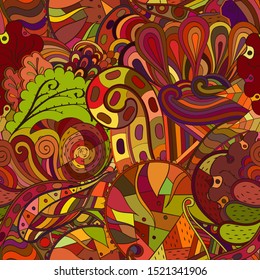 Tracery seamless pattern. Mehndi design. Ethnic colorful doodle texture. Curved doodling background. Vector