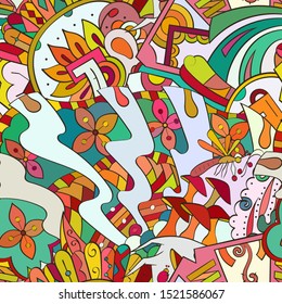 Tracery seamless pattern. Mehndi design. Ethnic colorful doodle texture. Curved doodling background. Vector