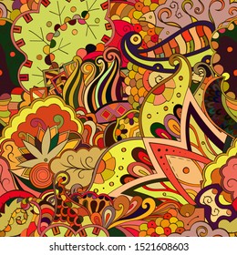 Tracery seamless pattern. Mehndi design. Ethnic colorful doodle texture. Curved doodling background. Vector
