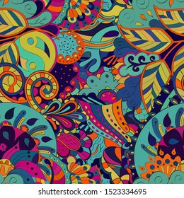 Tracery seamless pattern. Mehndi design. Ethnic colorful doodle texture. Curved doodling background. Vector