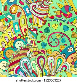 Tracery seamless pattern. Mehndi design. Ethnic colorful doodle texture. Curved doodling background. Vector