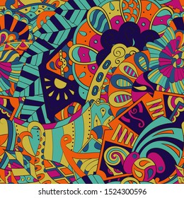 Tracery seamless pattern. Mehndi design. Ethnic colorful doodle texture. Curved doodling background. Vector