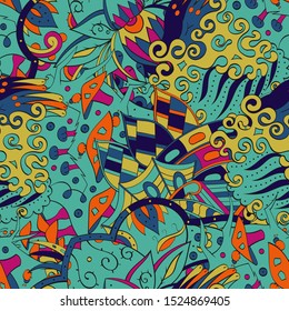 Tracery seamless pattern. Mehndi design. Ethnic colorful doodle texture. Curved doodling background. Vector