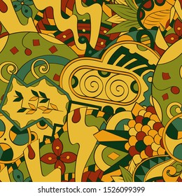 Tracery seamless pattern. Mehndi design. Ethnic colorful doodle texture. Curved doodling background. Vector