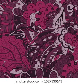 Tracery seamless pattern. Mehndi design. Ethnic colorful doodle texture. Curved doodling background. Vector