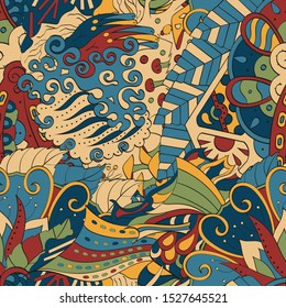 Tracery seamless pattern. Mehndi design. Ethnic colorful doodle texture. Curved doodling background. Vector